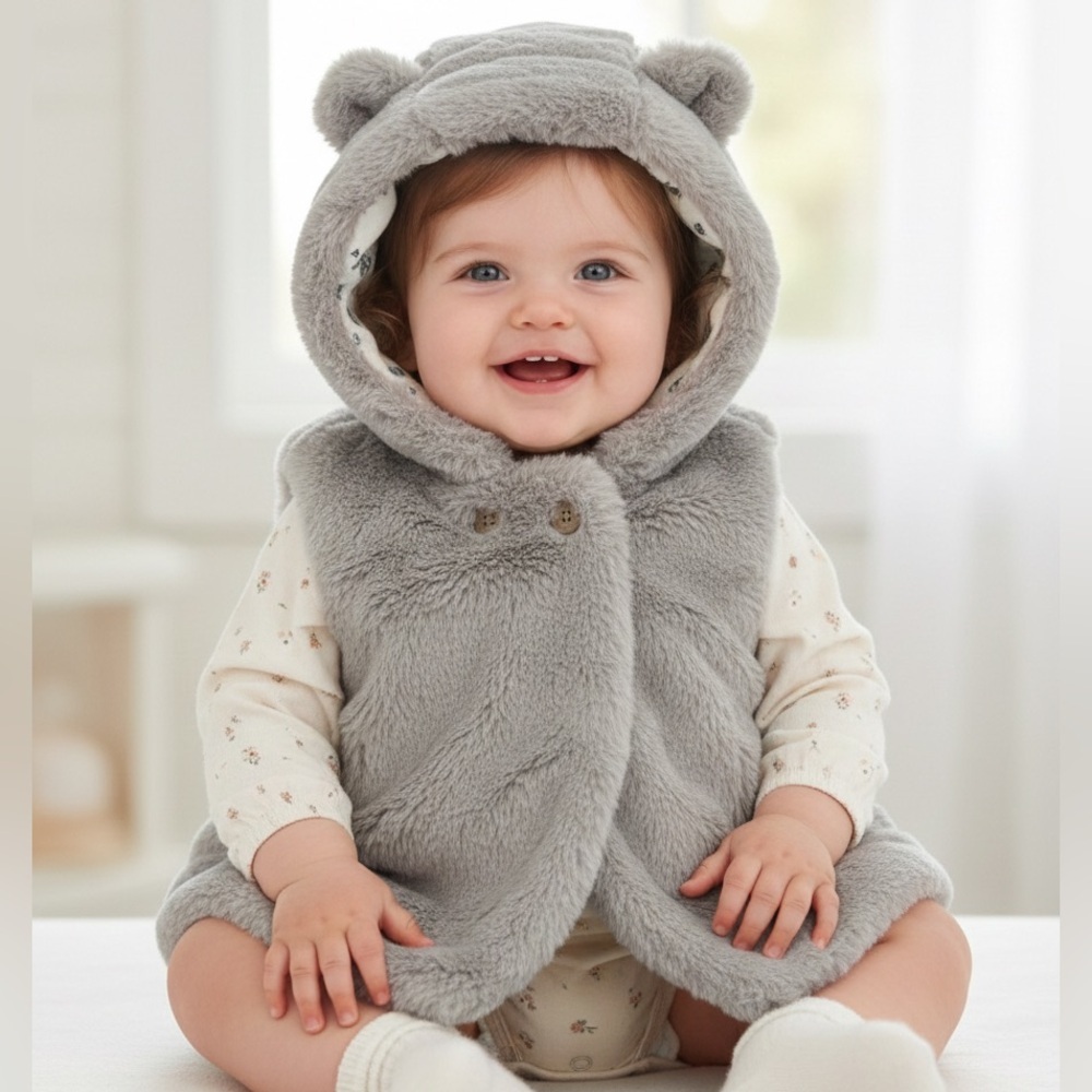 Catherine Malandrino Mini Gray Faux Fur Ear Hooded Vest 24 Months